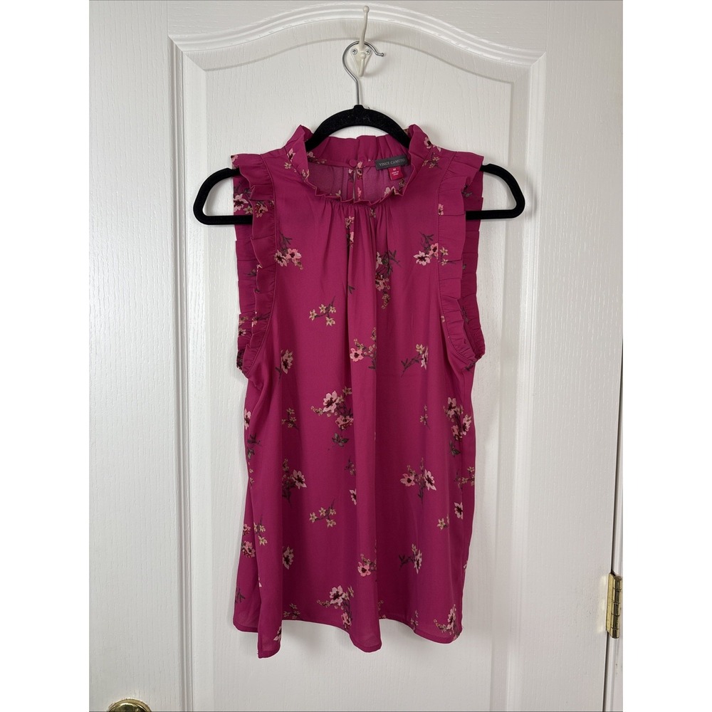 Vince Camuto Womens M Magenta Pink Floral Ruffle Mock Neck Sleeveless Blouse Top